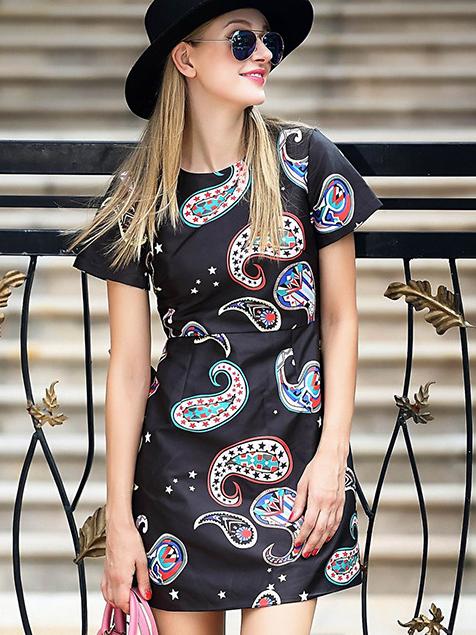 Romwe Black Round Neck Short Sleeve Print Dress