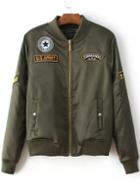 Romwe Army Green Patch Embroidery Flight Jacket