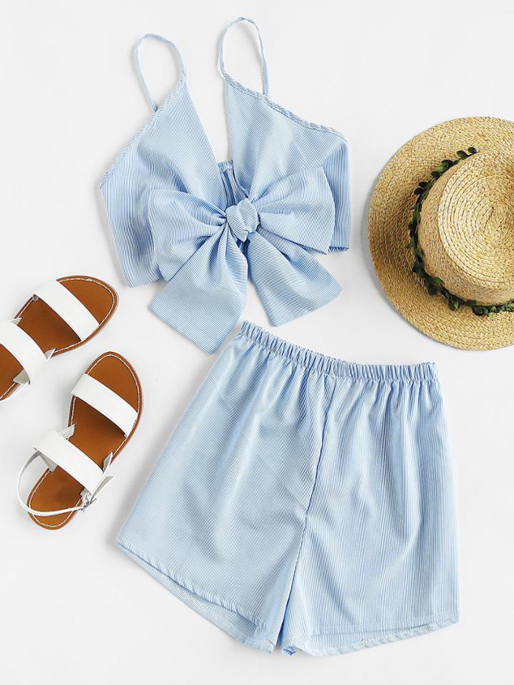 Romwe Striped Bow Tie Open Front Crop Cami Top With Shorts