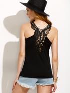 Romwe Black Lace Up Crochet Hollow Out Tank Top