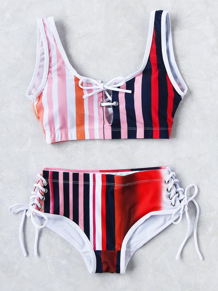 Romwe Color Block Lace Up Tankini Set