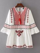 Romwe White Embroidery Bell Sleeve Dress With Tassel Tie