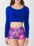 Romwe Round Neck Mohair Crop Blue Sweater