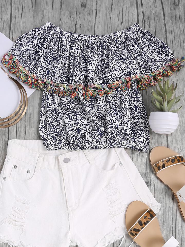 Romwe Floral Print Layered Tassel Trim Blouse