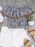Romwe Floral Print Layered Tassel Trim Blouse