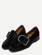 Romwe Black Buckled Strap Velvet Low Heel Pumps