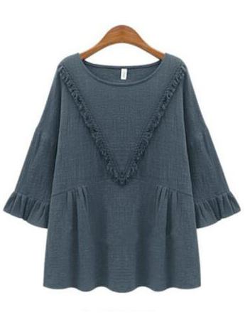 Romwe Round Neck Fringe Grey T-shirt