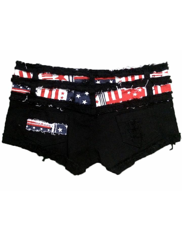Romwe Black Stars And Stripes Print Frayed Denim Shorts
