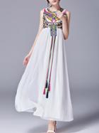 Romwe White Beading Sequined Embroidered Maxi Dress