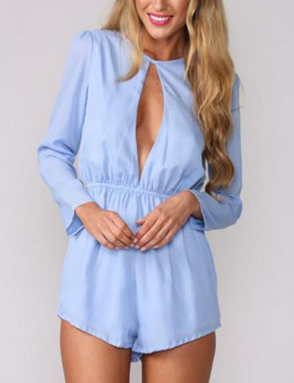 Romwe Open Front Long Sleeve Blue Jumpsuit
