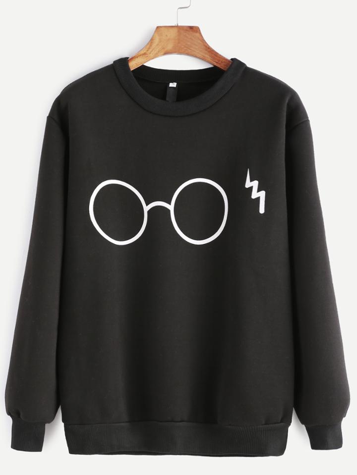 Romwe Black Glasses Print Sweatshirt