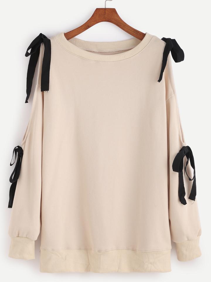 Romwe Apricot Open Shoulder Bow Tie Sweatshirt
