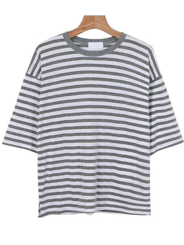 Romwe Letter Print Striped Loose Grey T-shirt