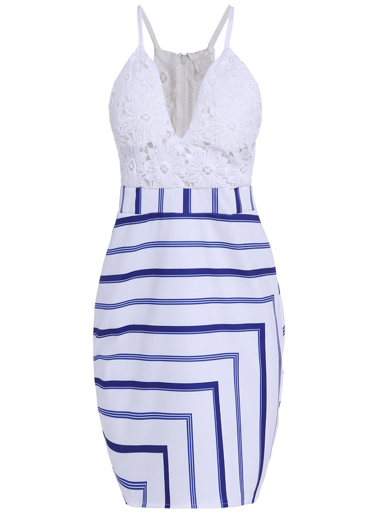Romwe Spaghetti Strap Lace Insert Striped Dress