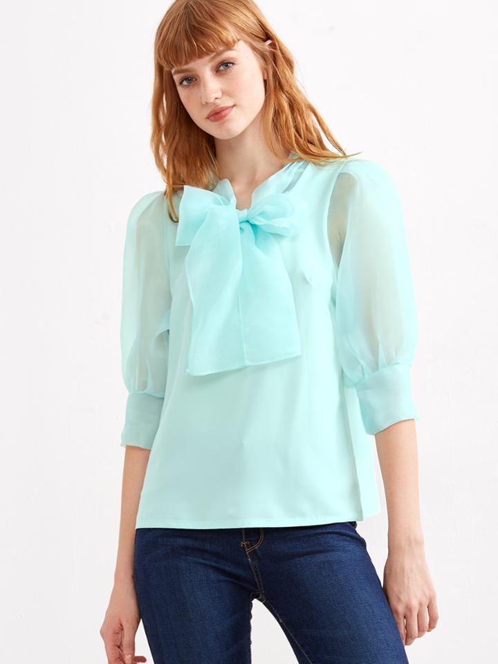 Romwe Pale Green Puff Sleeve Bow Tie Organza Blouse