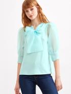 Romwe Pale Green Puff Sleeve Bow Tie Organza Blouse