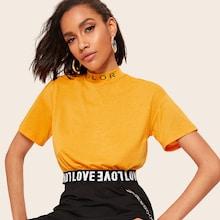 Romwe Letter Tape Waistband Mock Collar Crop Tee