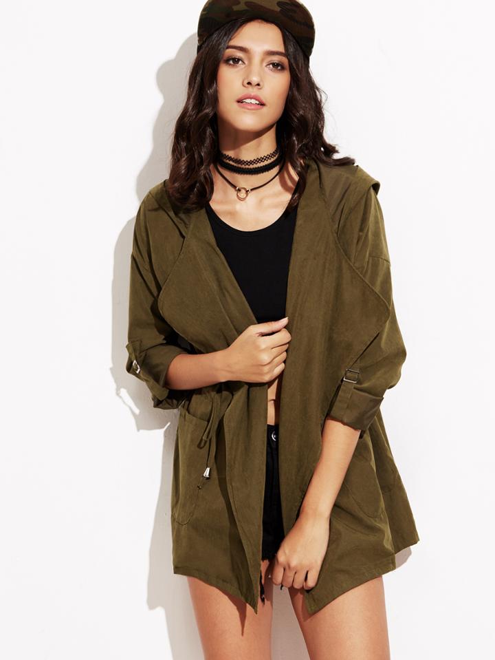 Romwe Army Green Drawstring Pockets Hooded Coat
