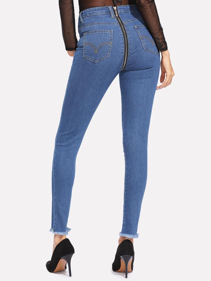 Romwe Zip Back Frayed Hem Jeans
