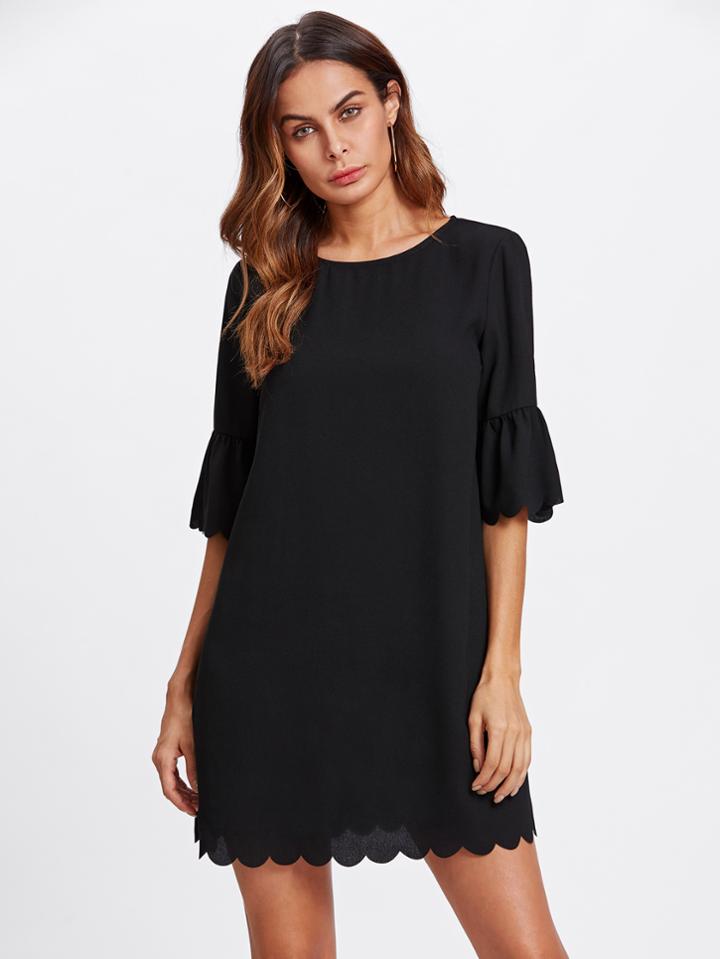 Romwe Bell Sleeve Scallop Trim Dress