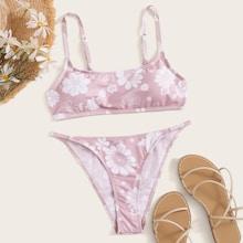 Romwe Flower Print Spaghetti Strap Bikini Set