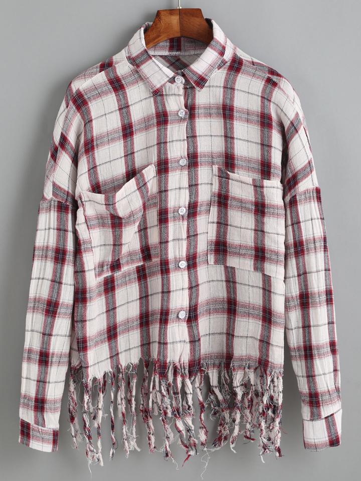 Romwe Red Plaid Drop Shoulder Raw Edge Fringe Blouse