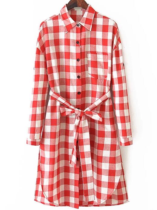 Romwe Plaid Split Red Shirt Dress With Belt