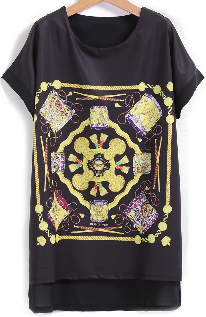 Romwe Dip Hem Vintage Print T-shirt