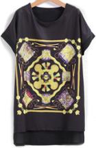 Romwe Dip Hem Vintage Print T-shirt
