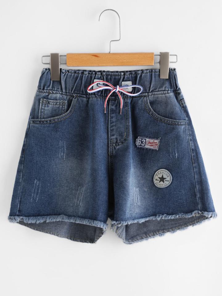 Romwe Patch Detail Fray Hem Drawstring Denim Shorts