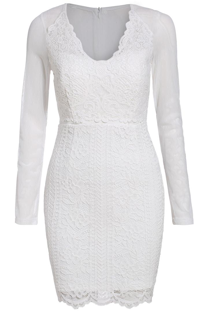 Romwe V Neck Sheer Mesh Lace White Dress