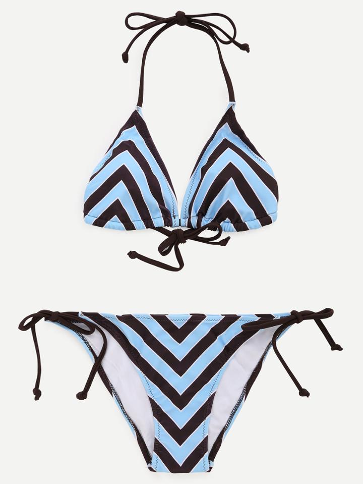 Romwe Blue Halter Chevron Print Side Tie Bikini Set