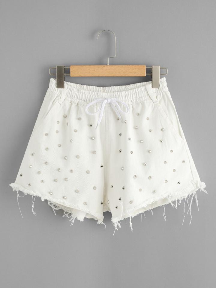 Romwe Raw Hem Studded Drawstring Waist Denim Shorts