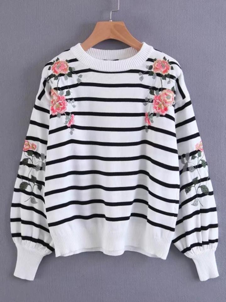 Romwe Flower Embroidery Striped Sweater