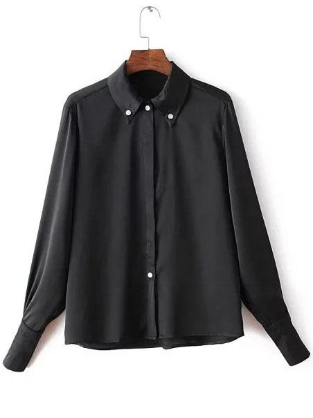 Romwe Black Lantern Sleeve Covered Button Blouse