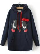 Romwe Hooded Drawstring Eye Pattern Bow Navy Sweatshirt