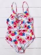Romwe Floral Print Criss Cross Front One-piece Swimwear