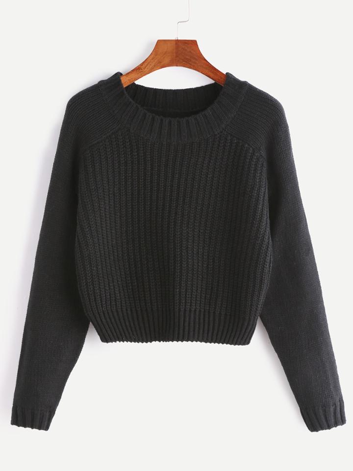 Romwe Black Raglan Sleeve Crop Sweater