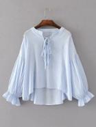 Romwe Tie Neck Lantern Sleeve High Low Blouse