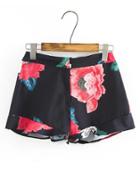 Romwe Floral Print Zipper Detail Shorts