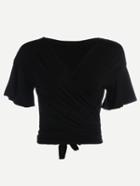 Romwe Black Ruffle Sleeve Wrap Knotted Top