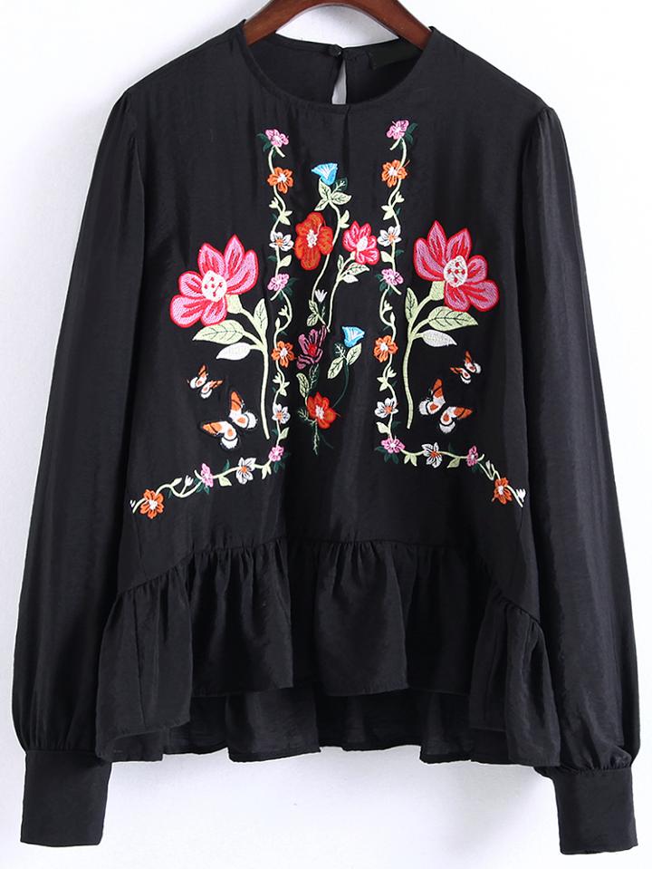 Romwe Black Flower Embroidery Ruffle Hem Blouse
