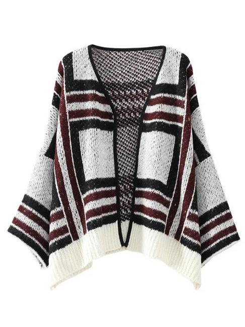 Romwe Pale Grey Striped Drop Shoulder Poncho Sweater