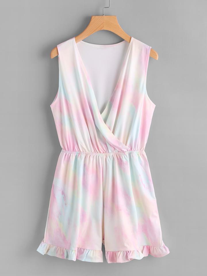 Romwe Water Color Surplice Frill Hem Romper