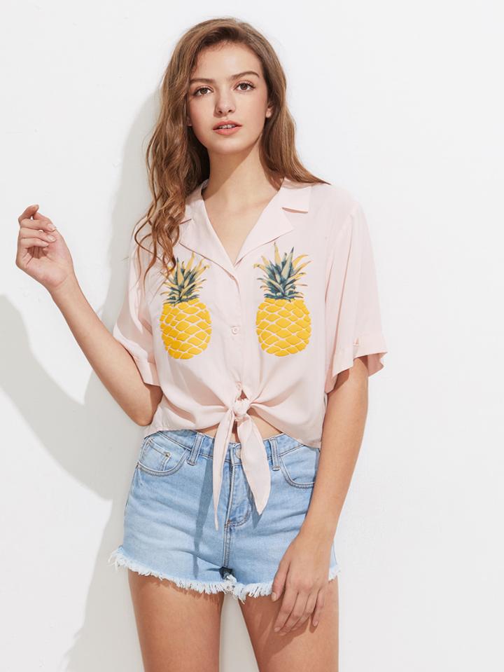 Romwe Notch Collar Pineapple Print Tie Front Blouse