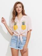 Romwe Notch Collar Pineapple Print Tie Front Blouse