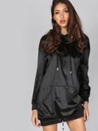 Romwe Black Pocket Front Drawstring Hem Silky Hoodie Dress