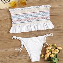 Romwe Ruffle Hem Smocked Top With String Bikini Set