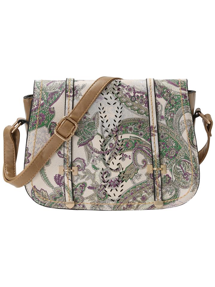 Romwe Khaki Paisley Print Flap Saddle Bag