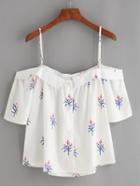 Romwe White Fold Over Cold Shoulder Flower Print Top